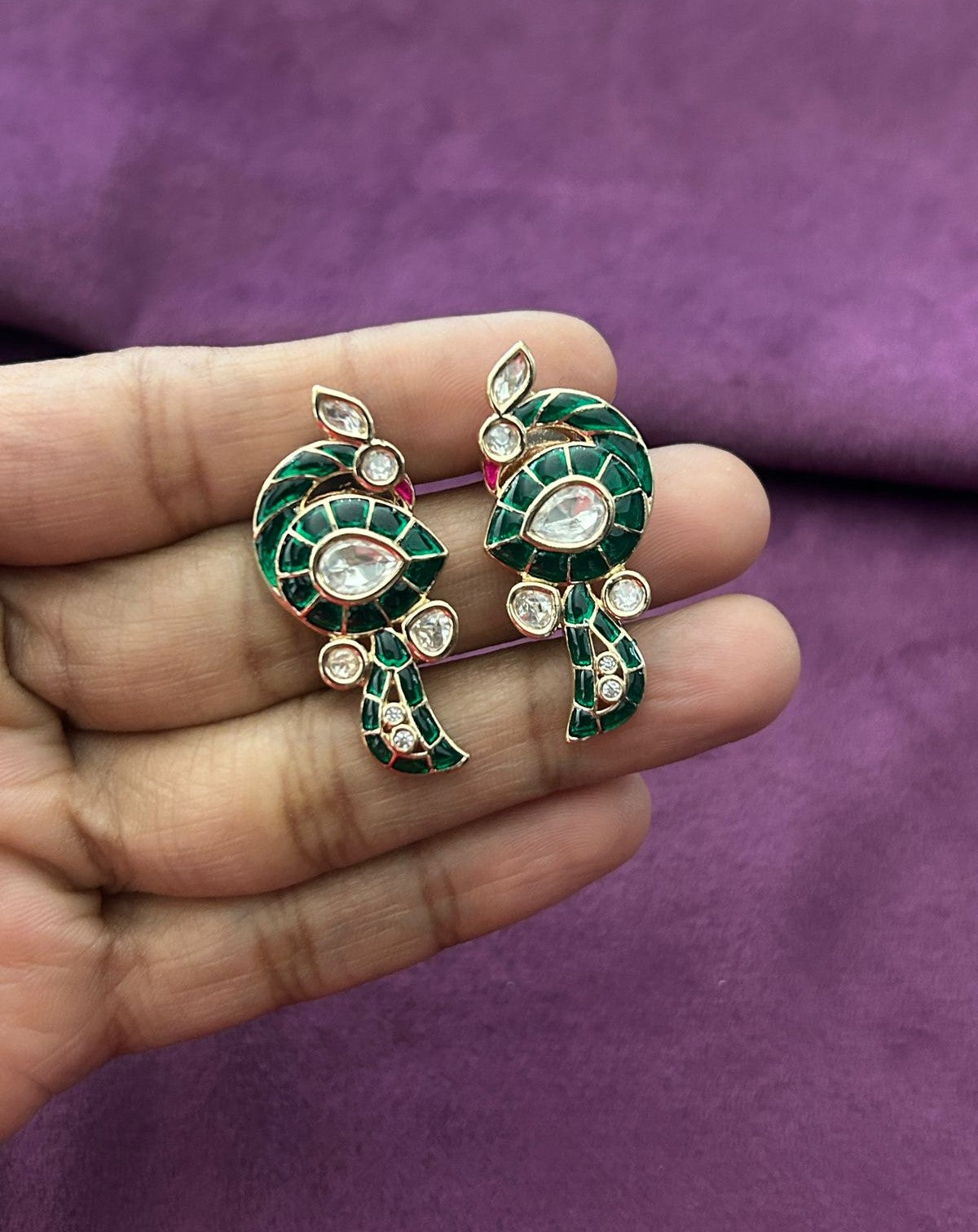 Paisley Kundan Pendant Set with Earrings in Emerald, Ruby Pink and Royal Blue