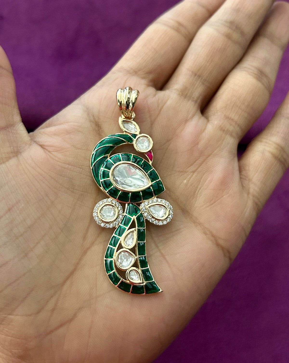 Paisley Kundan Pendant Set with Earrings in Emerald, Ruby Pink and Royal Blue