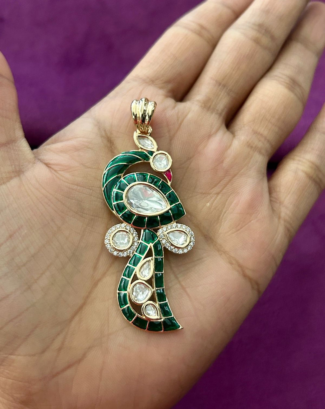 Paisley Kundan Pendant Set with Earrings in Emerald, Ruby Pink and Royal Blue