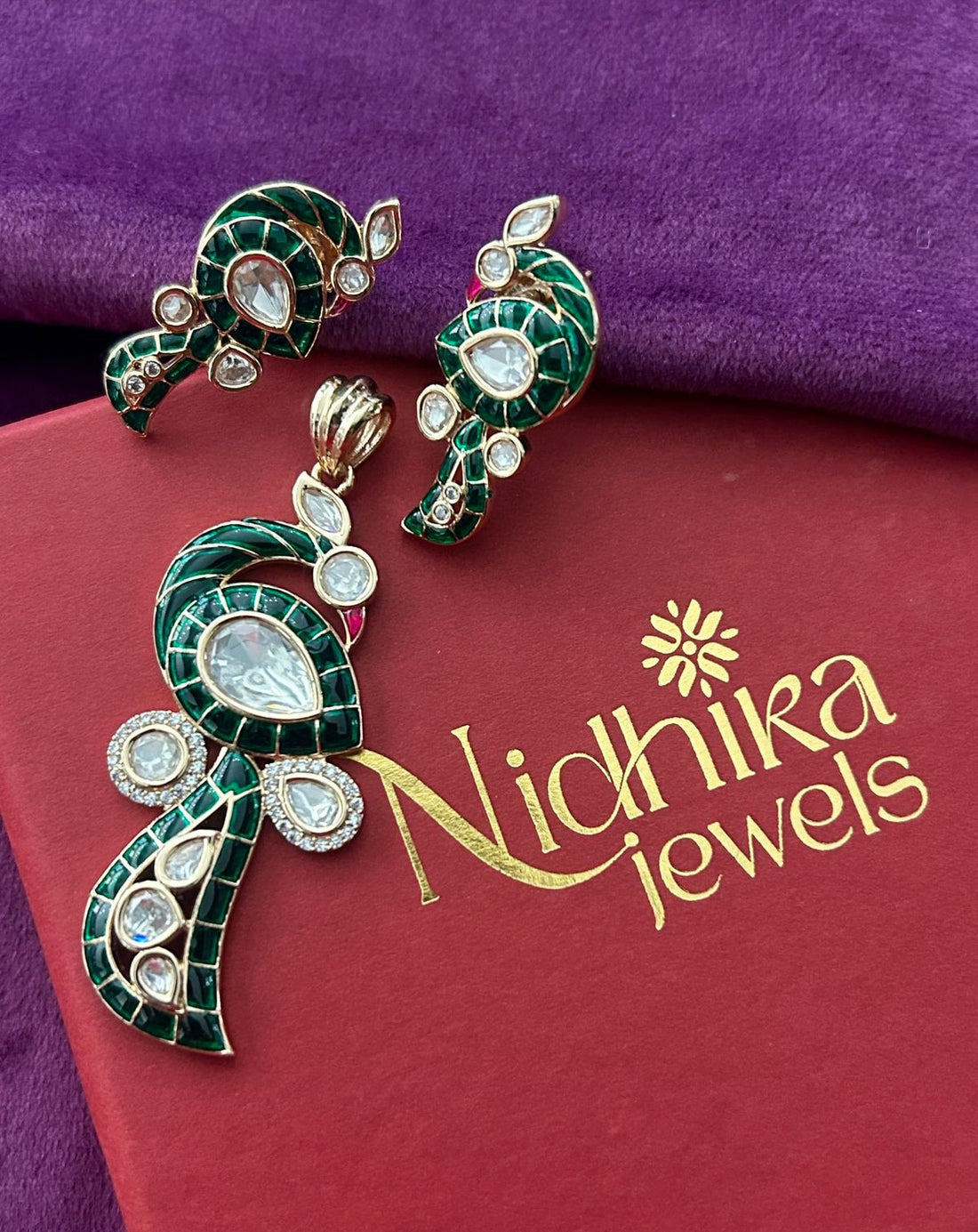 Paisley Kundan Pendant Set with Earrings in Emerald, Ruby Pink and Royal Blue