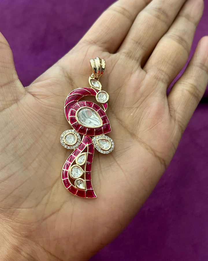 Paisley Kundan Pendant Set with Earrings in Emerald, Ruby Pink and Royal Blue