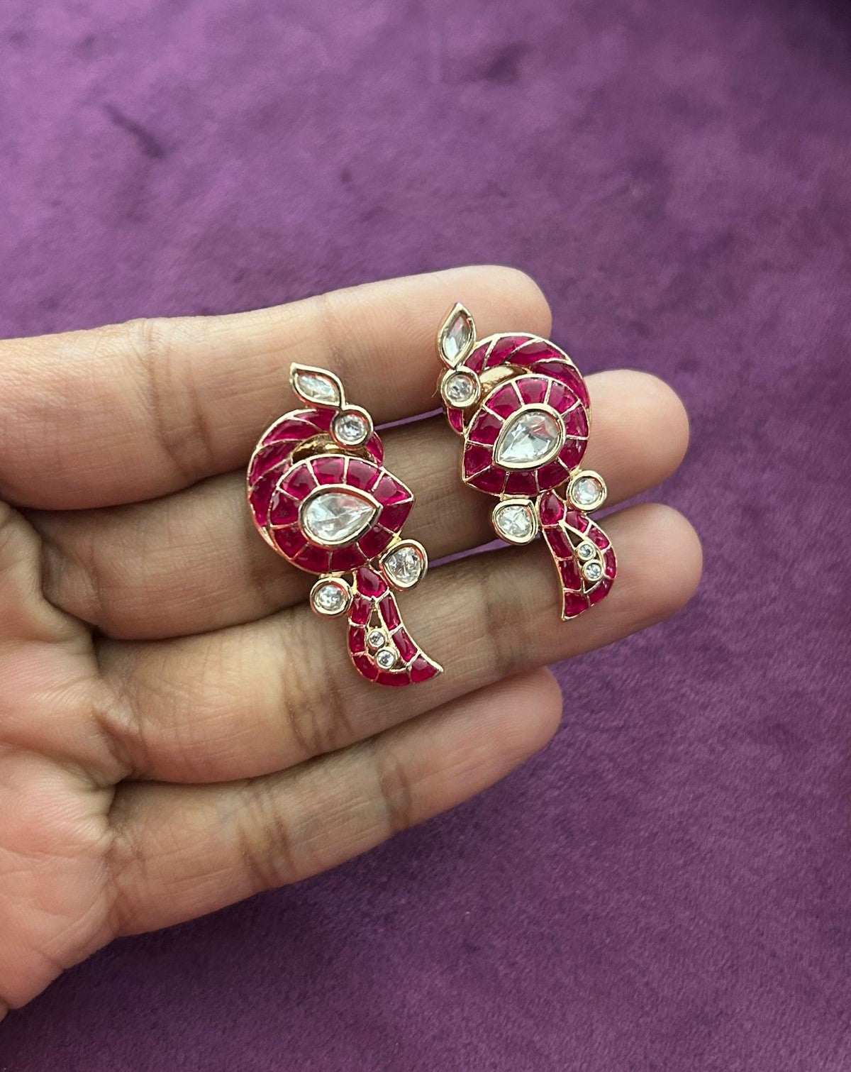 Paisley Kundan Pendant Set with Earrings in Emerald, Ruby Pink and Royal Blue