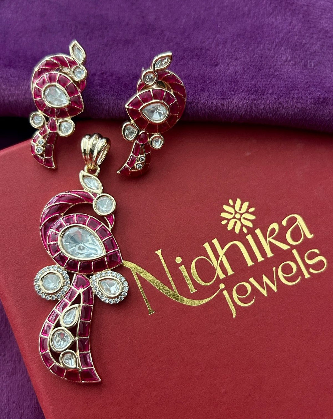 Paisley Kundan Pendant Set with Earrings in Emerald, Ruby Pink and Royal Blue