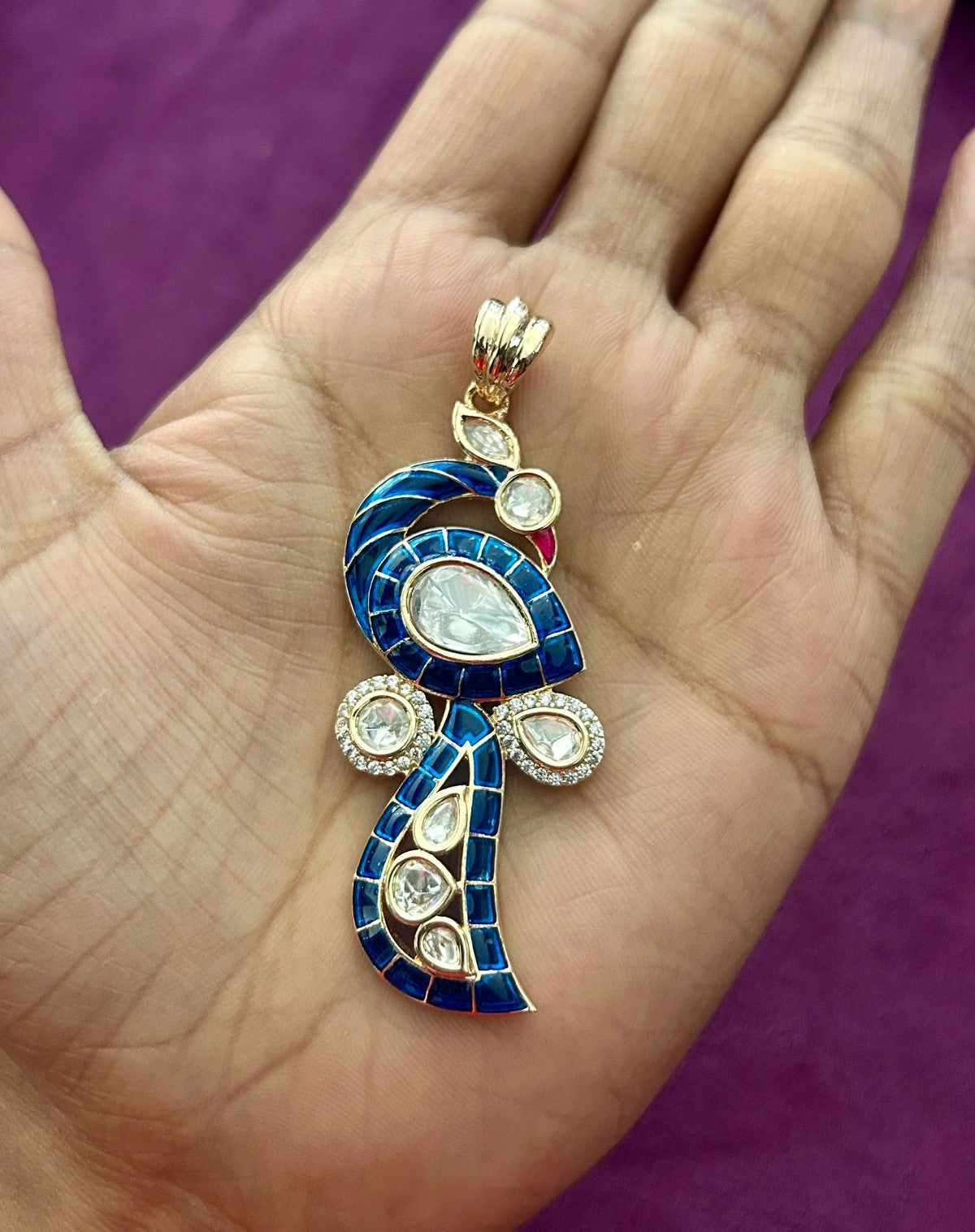 Paisley Kundan Pendant Set with Earrings in Emerald, Ruby Pink and Royal Blue