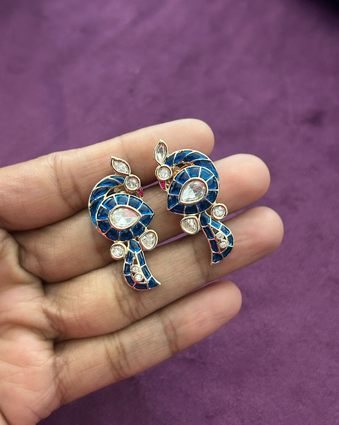 Paisley Kundan Pendant Set with Earrings in Emerald, Ruby Pink and Royal Blue