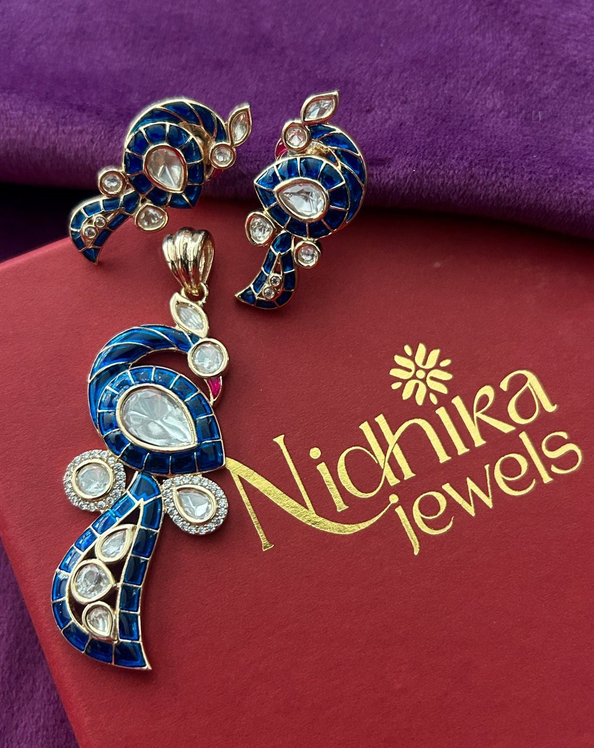 Paisley Kundan Pendant Set with Earrings in Emerald, Ruby Pink and Royal Blue