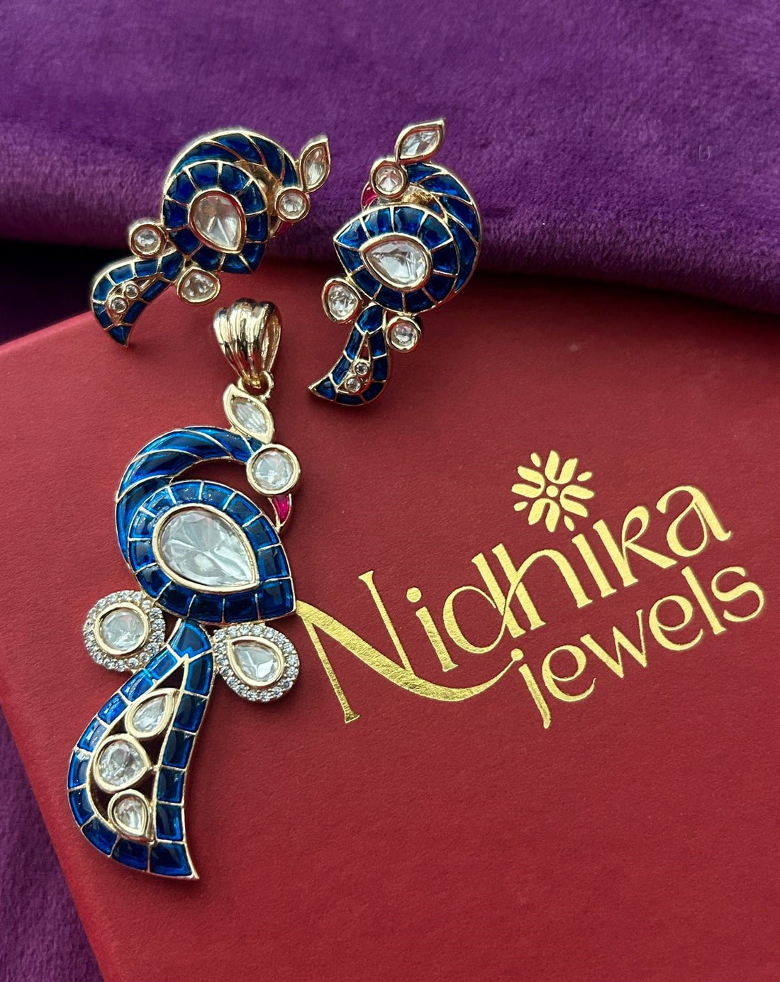 Paisley Kundan Pendant Set with Earrings in Emerald, Ruby Pink and Royal Blue