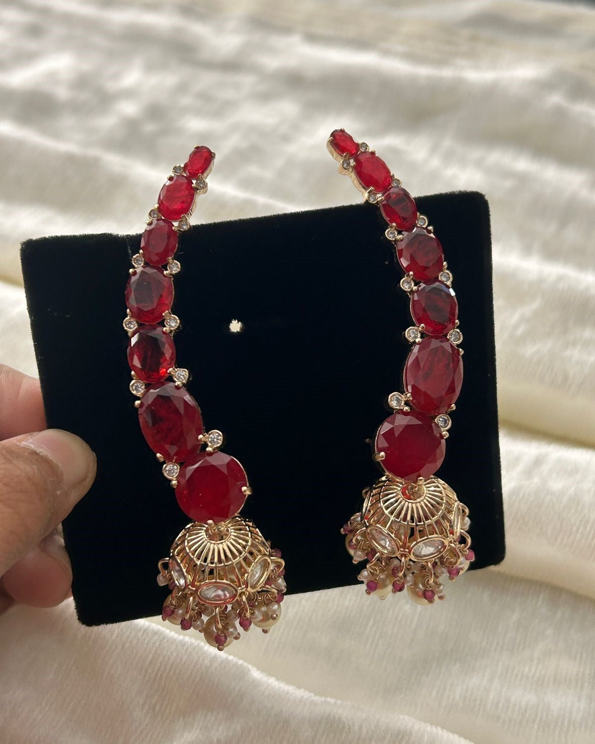Premium Kundan Ear Cuff Jhumka Earrings Green Red Gold Finish