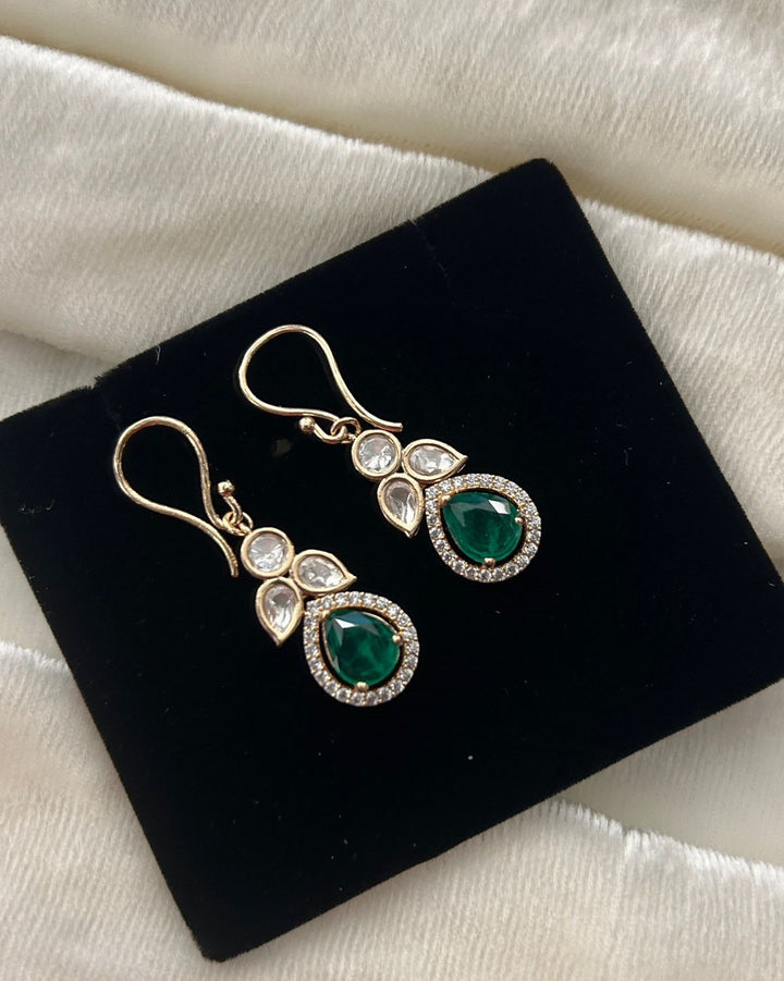 Premium Kundan Teardrop Earrings Green Red Gold Finish
