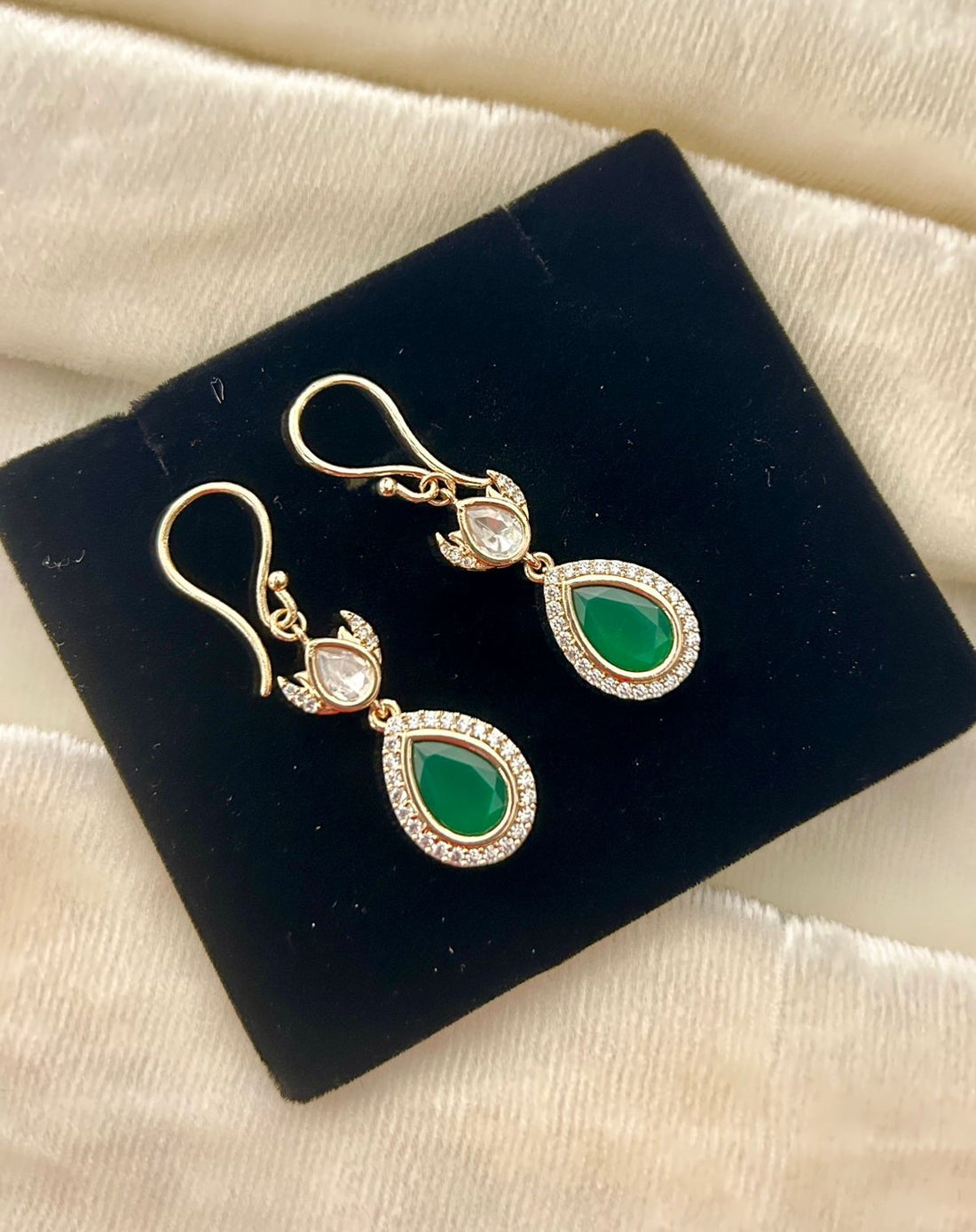 Premium Kundan Teardrop Earrings Green White Red Gold Finish
