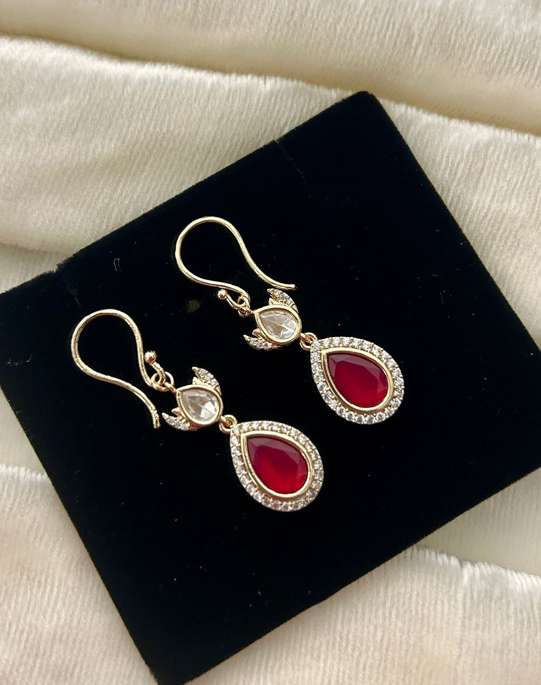 Premium Kundan Teardrop Earrings Green White Red Gold Finish