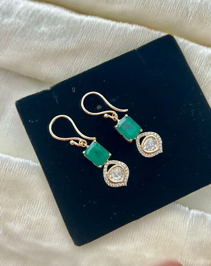Premium Kundan Drop Earrings Green Red Gold Finish