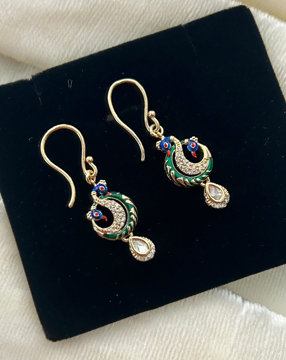 Premium Kundan Peacock Drop Earrings Green Red Blue
