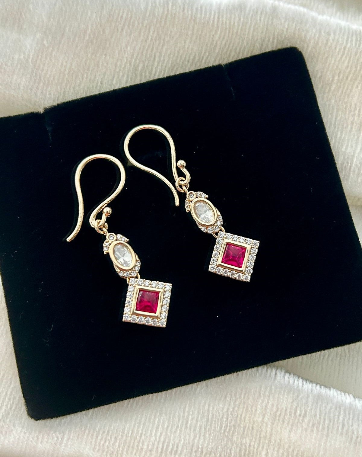 Premium Kundan Square Drop Earrings White Ruby Green