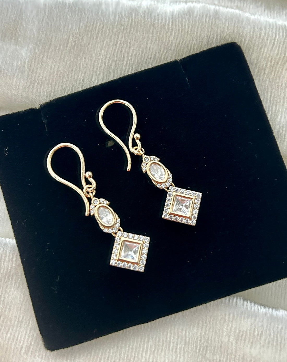 Premium Kundan Square Drop Earrings White Ruby Green