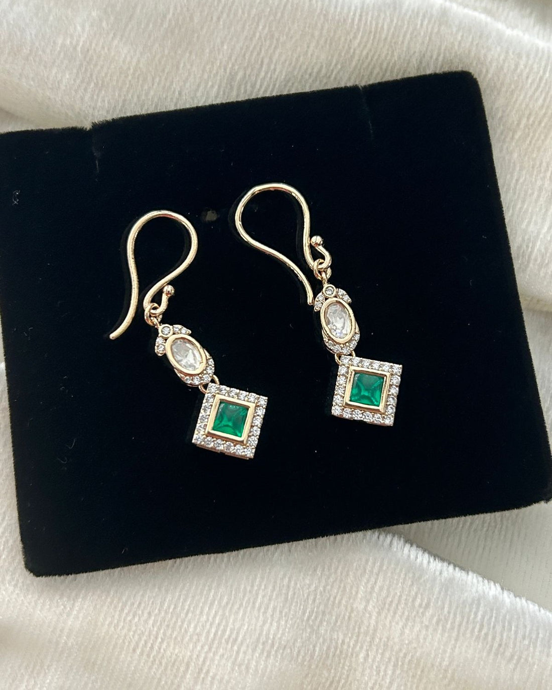 Premium Kundan Square Drop Earrings White Ruby Green