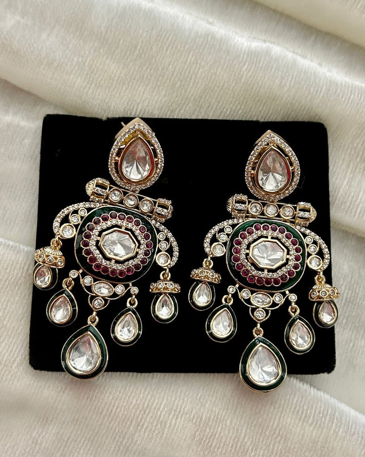 Premium Kundan Meenakari Chandbali Earrings Gold Finish