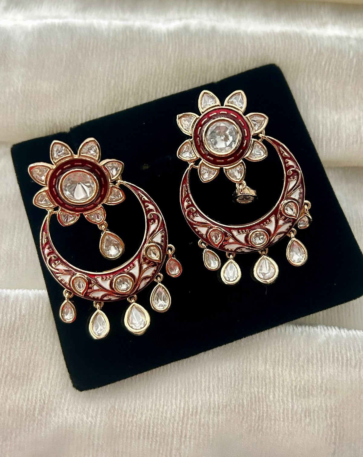 Premium Kundan Meenakari Chandbali Earrings Green Red Blue Gold Finish