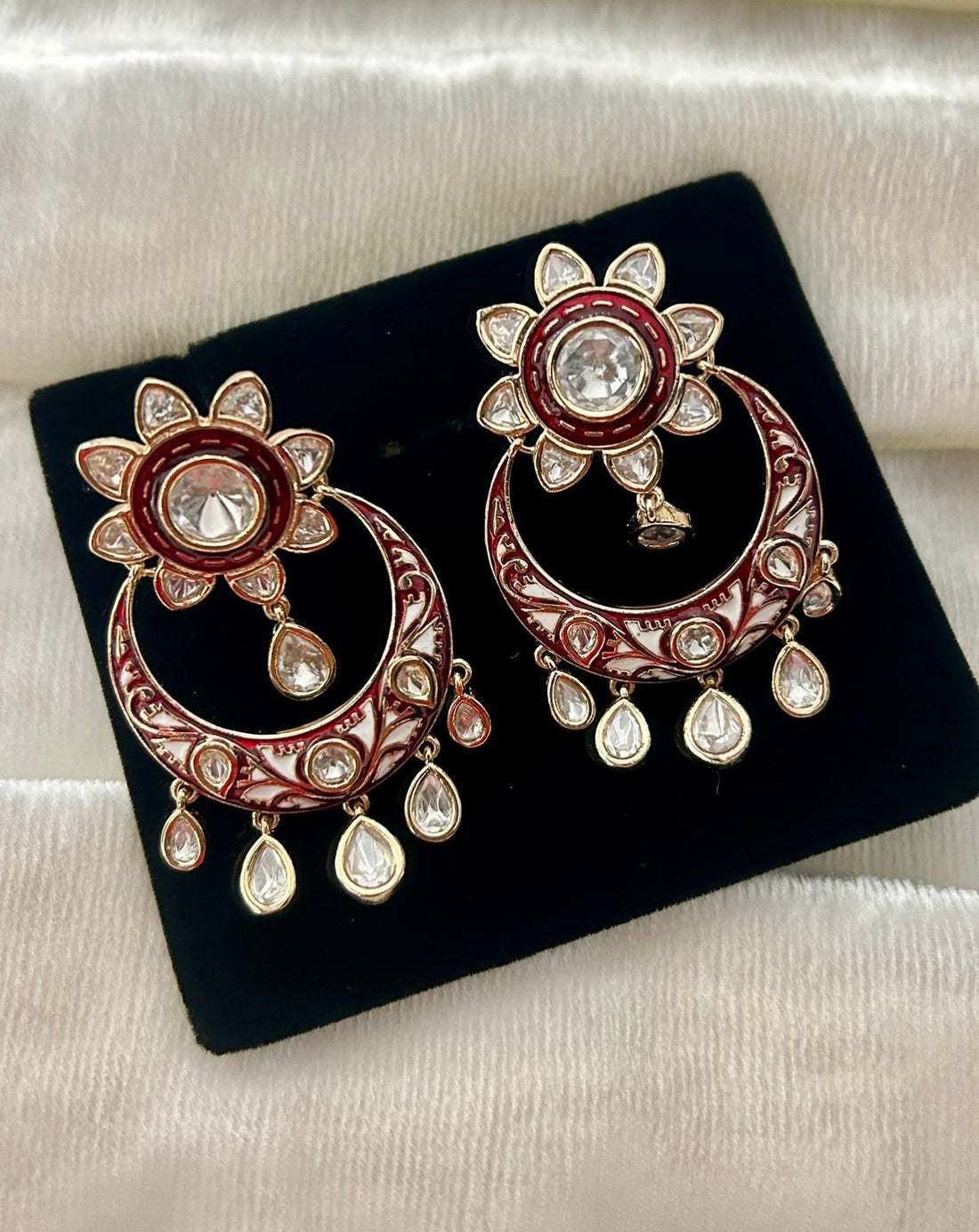 Premium Kundan Meenakari Chandbali Earrings Green Red Blue Gold Finish