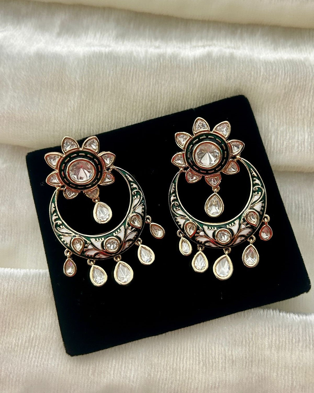 Premium Kundan Meenakari Chandbali Earrings Green Red Blue Gold Finish
