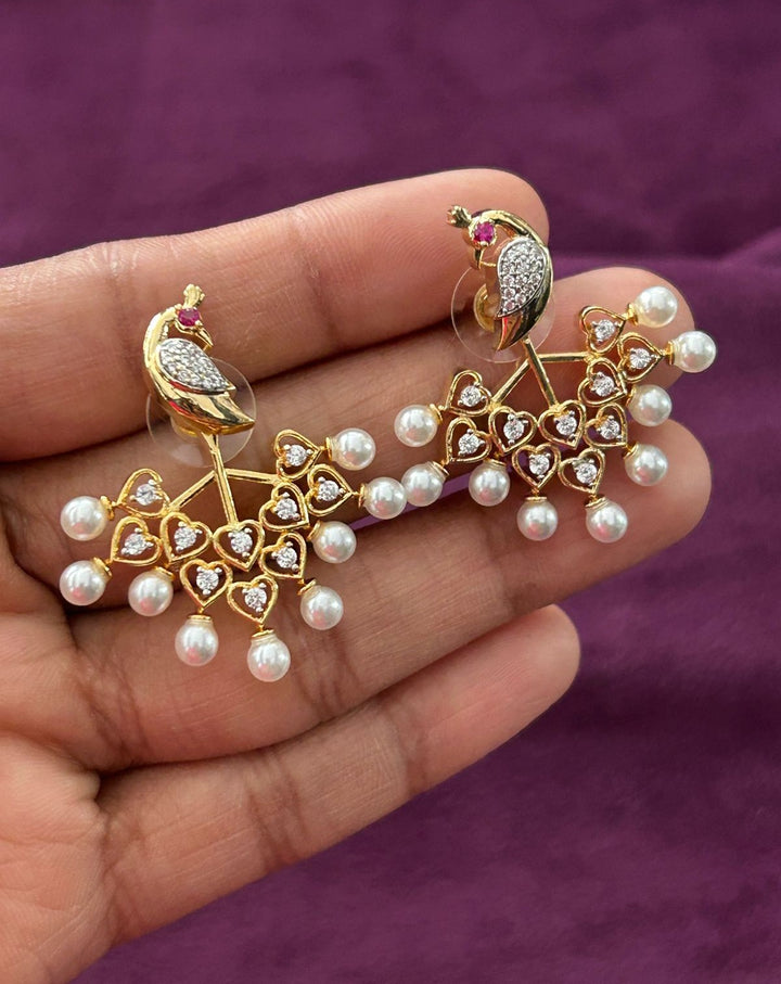 Peacock Heart Pearl Drop Statement Earrings for Women – Gold Finish
