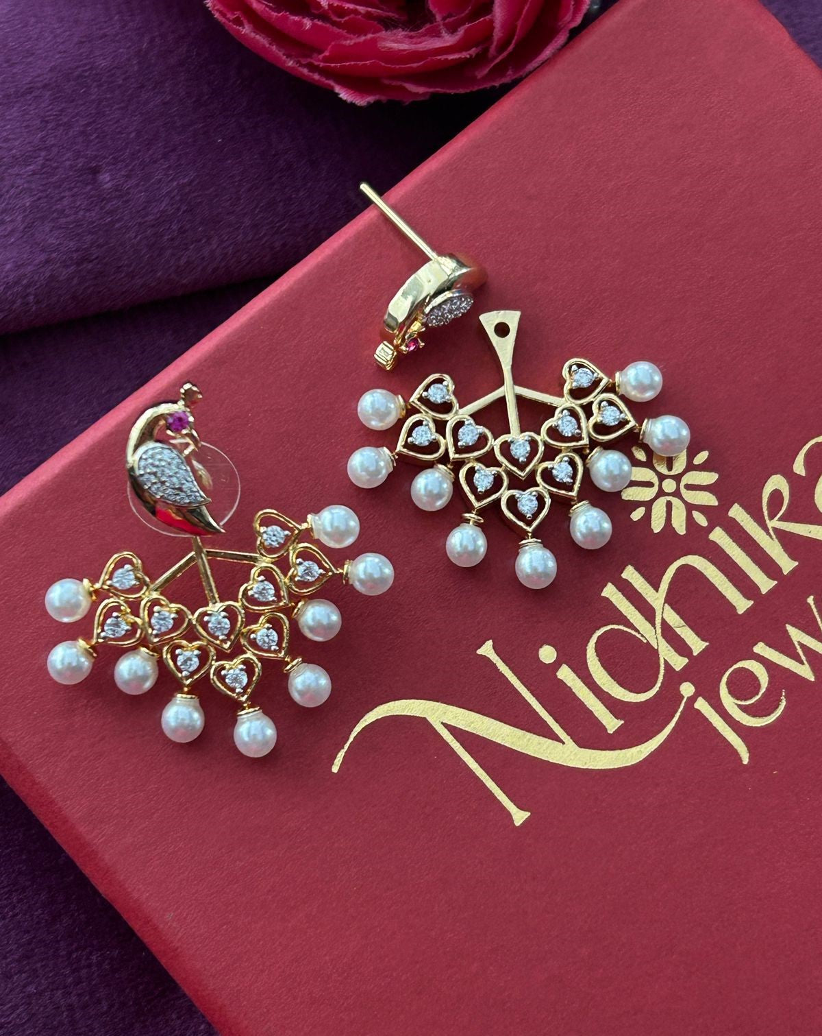 Peacock Heart Pearl Drop Statement Earrings for Women – Gold Finish