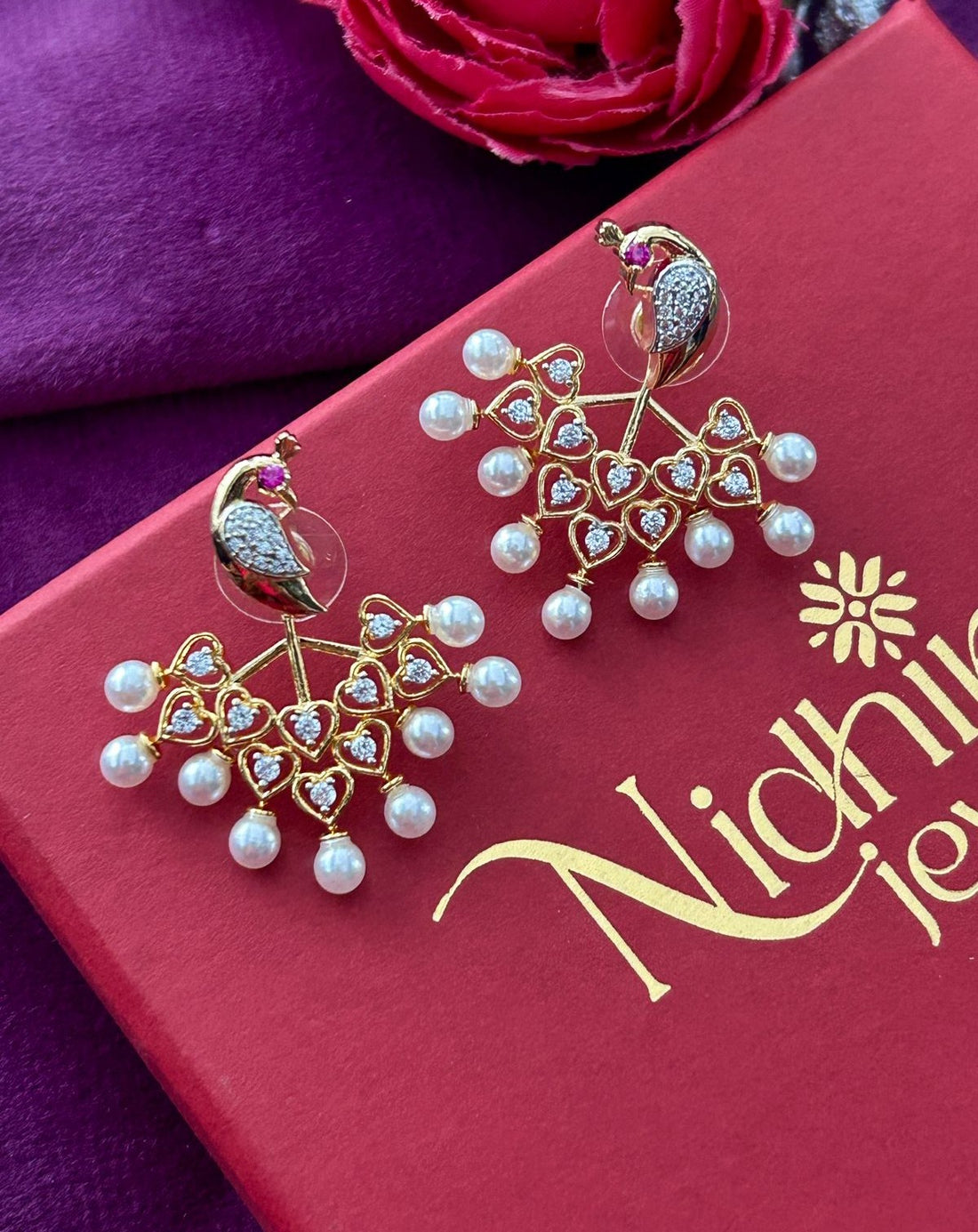 Peacock Heart Pearl Drop Statement Earrings for Women – Gold Finish