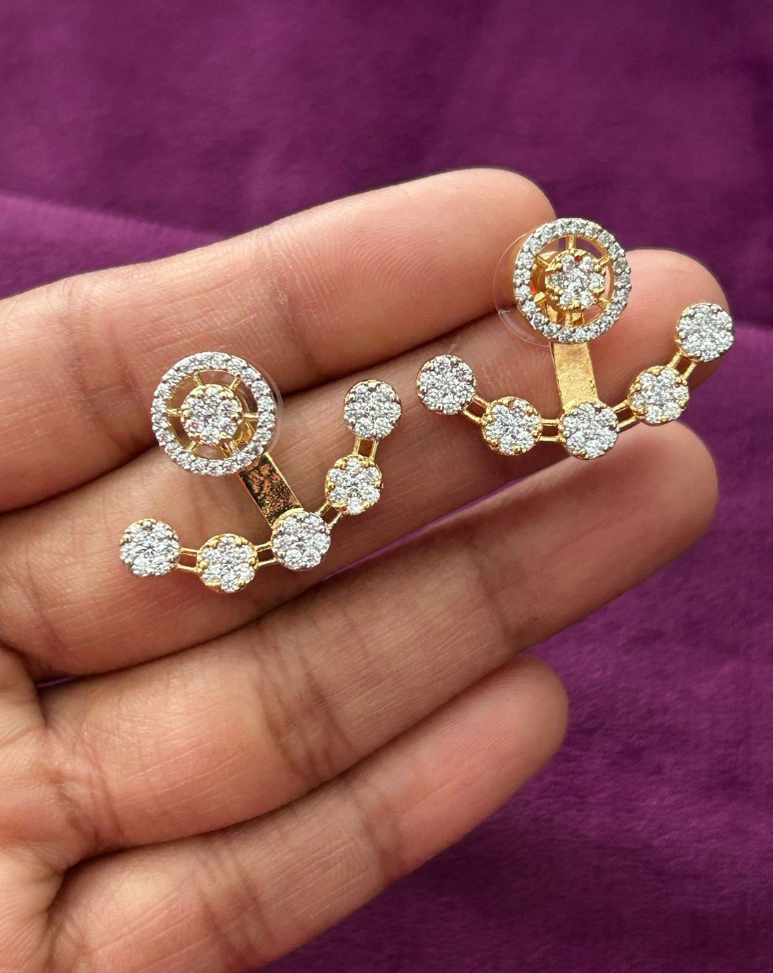 Round Halo Ear Jacket Earrings with CZ Stones – Gold Finish