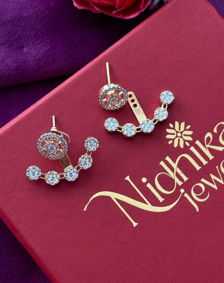 Round Halo Ear Jacket Earrings with CZ Stones – Gold Finish