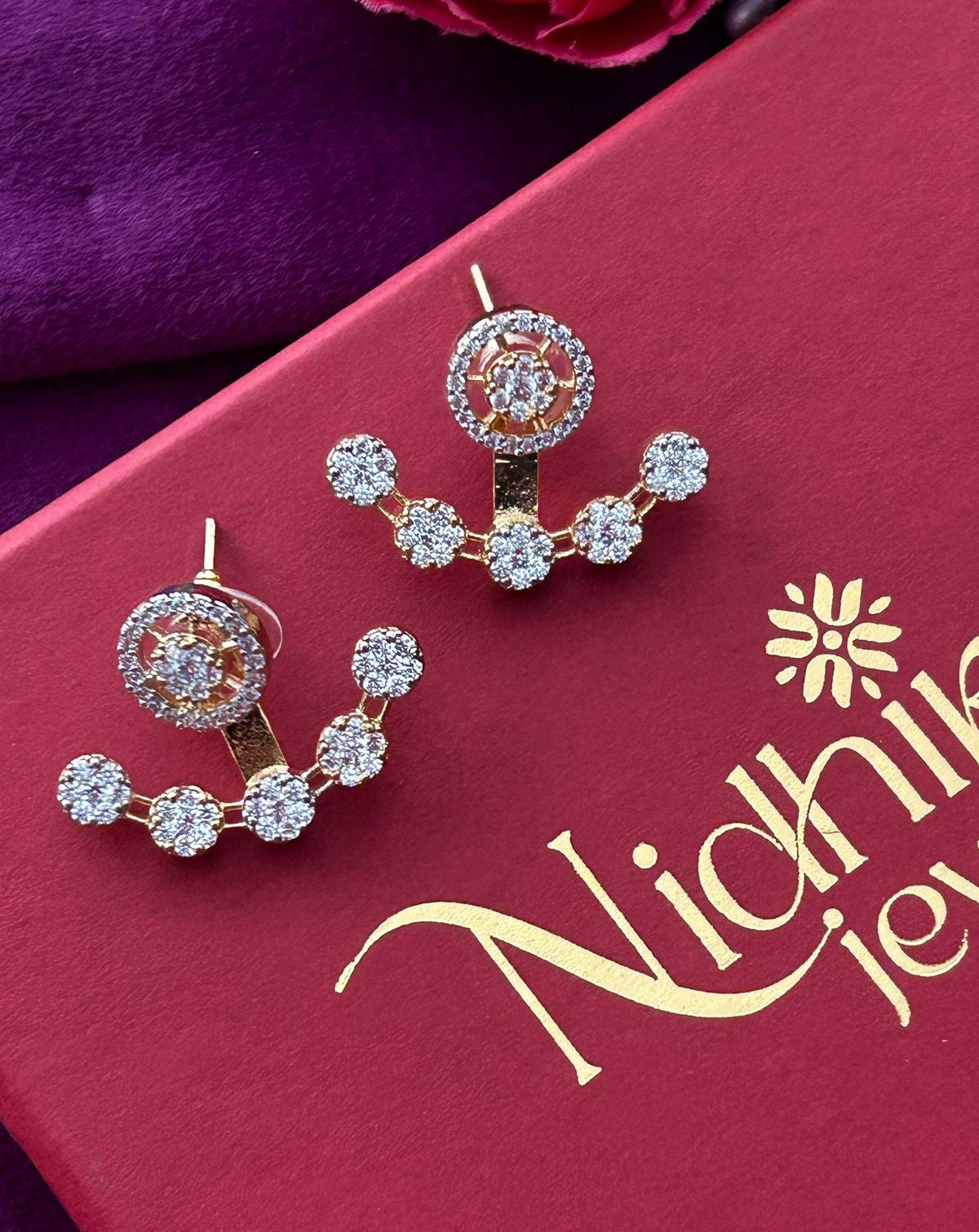 Round Halo Ear Jacket Earrings with CZ Stones – Gold Finish