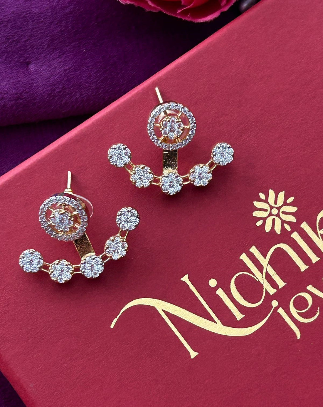 Round Halo Ear Jacket Earrings with CZ Stones – Gold Finish
