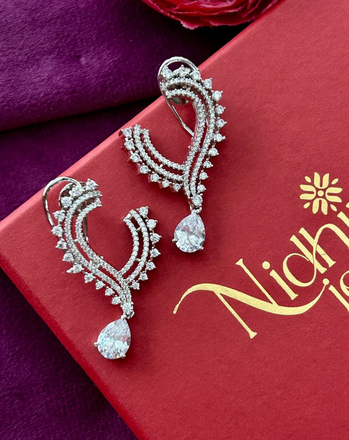 CZ Drop Earrings with Pear Cut Stone – Silver Finish