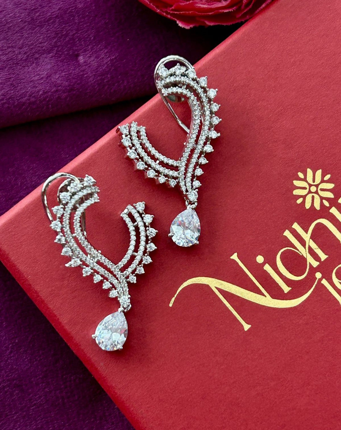 CZ Drop Earrings with Pear Cut Stone – Silver Finish