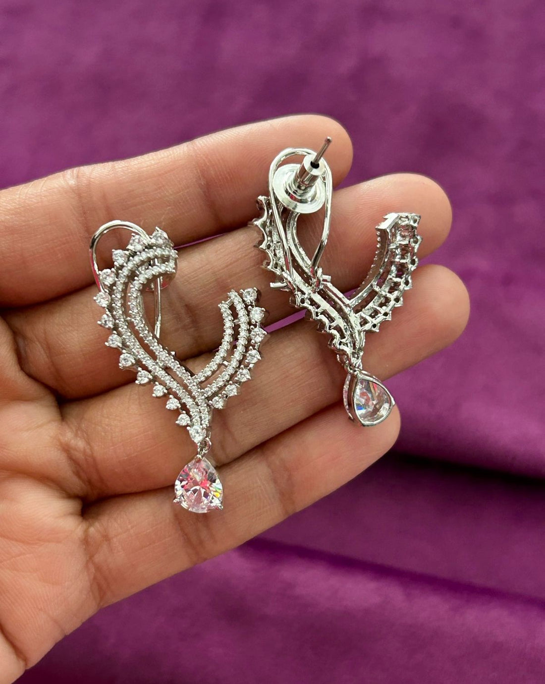 CZ Drop Earrings with Pear Cut Stone – Silver Finish
