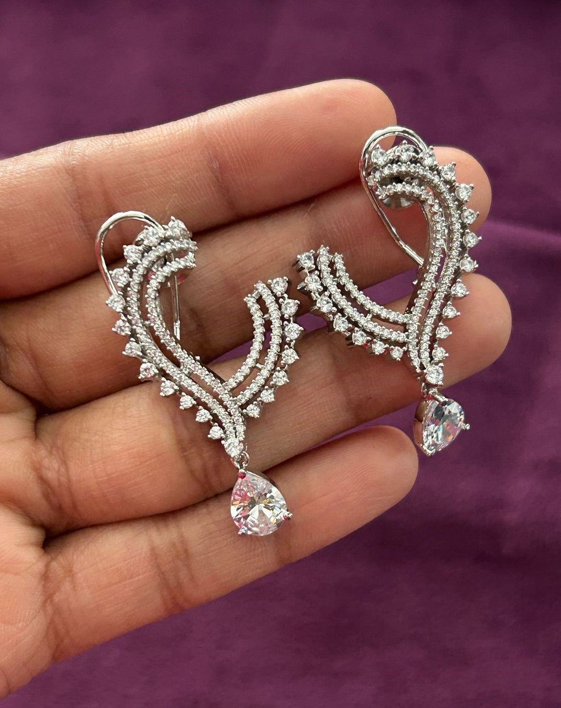 CZ Drop Earrings with Pear Cut Stone – Silver Finish
