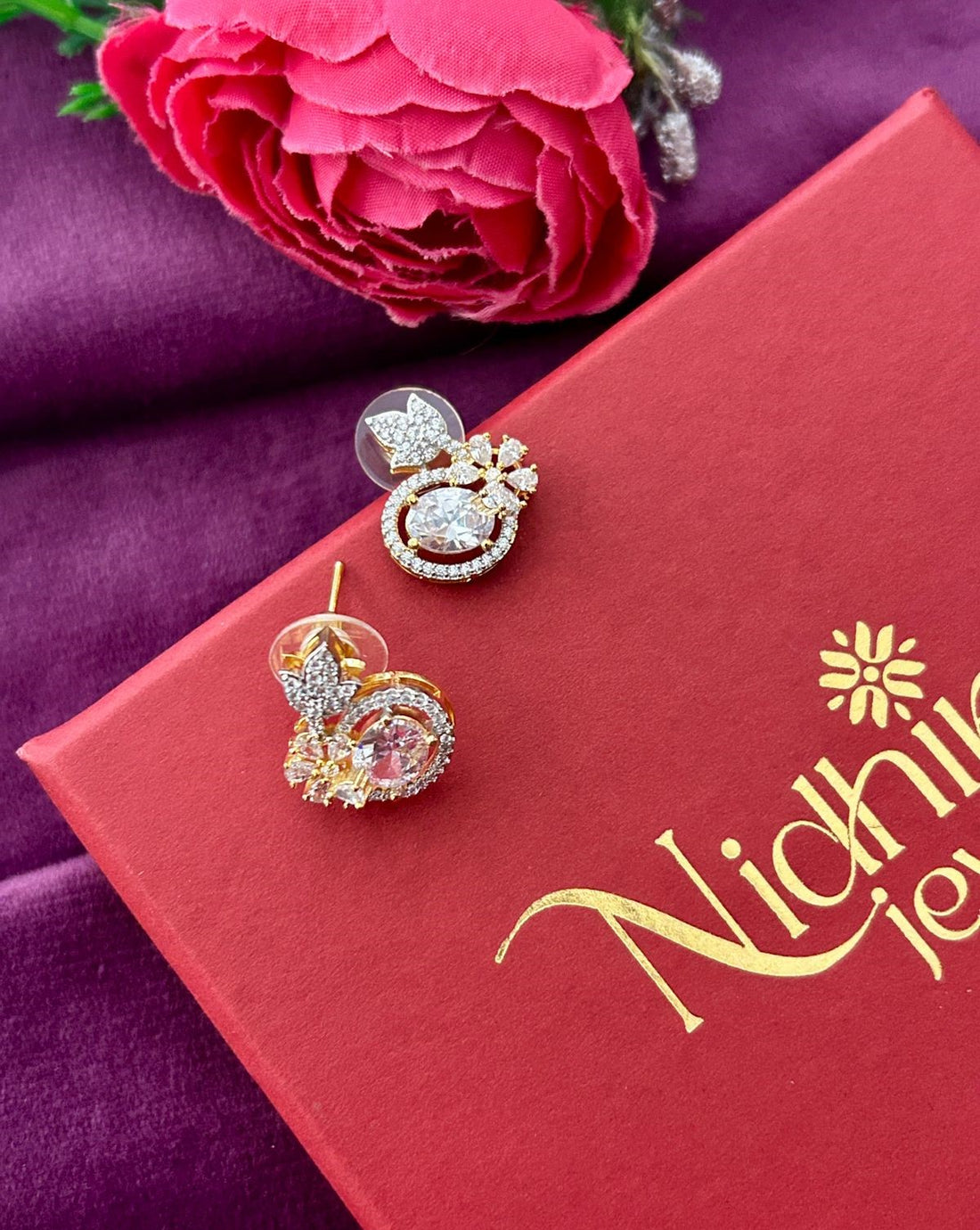 Butterfly Floral CZ Designer Stud Earrings – Gold Finish | White, Green, Blue & Ruby