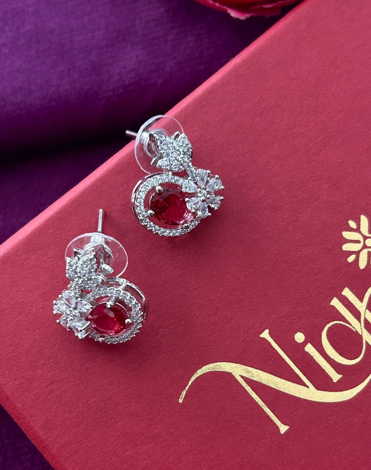 Butterfly Floral CZ Designer Stud Earrings – Silver Finish | 10 Colour Variants