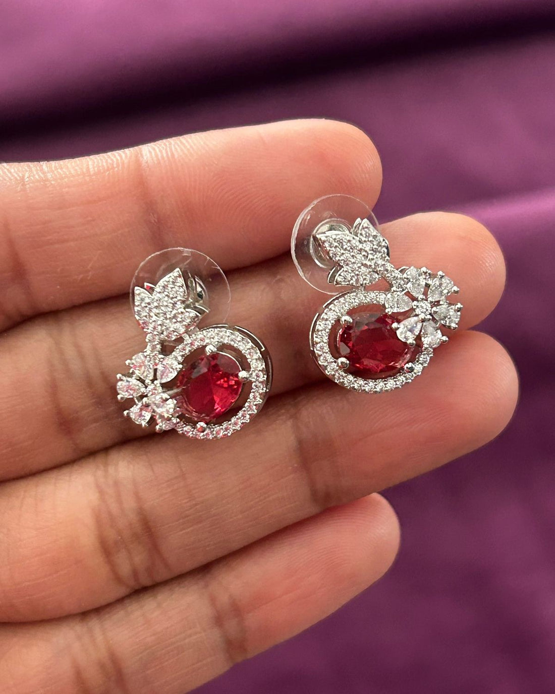 Butterfly Floral CZ Designer Stud Earrings – Silver Finish | 10 Colour Variants