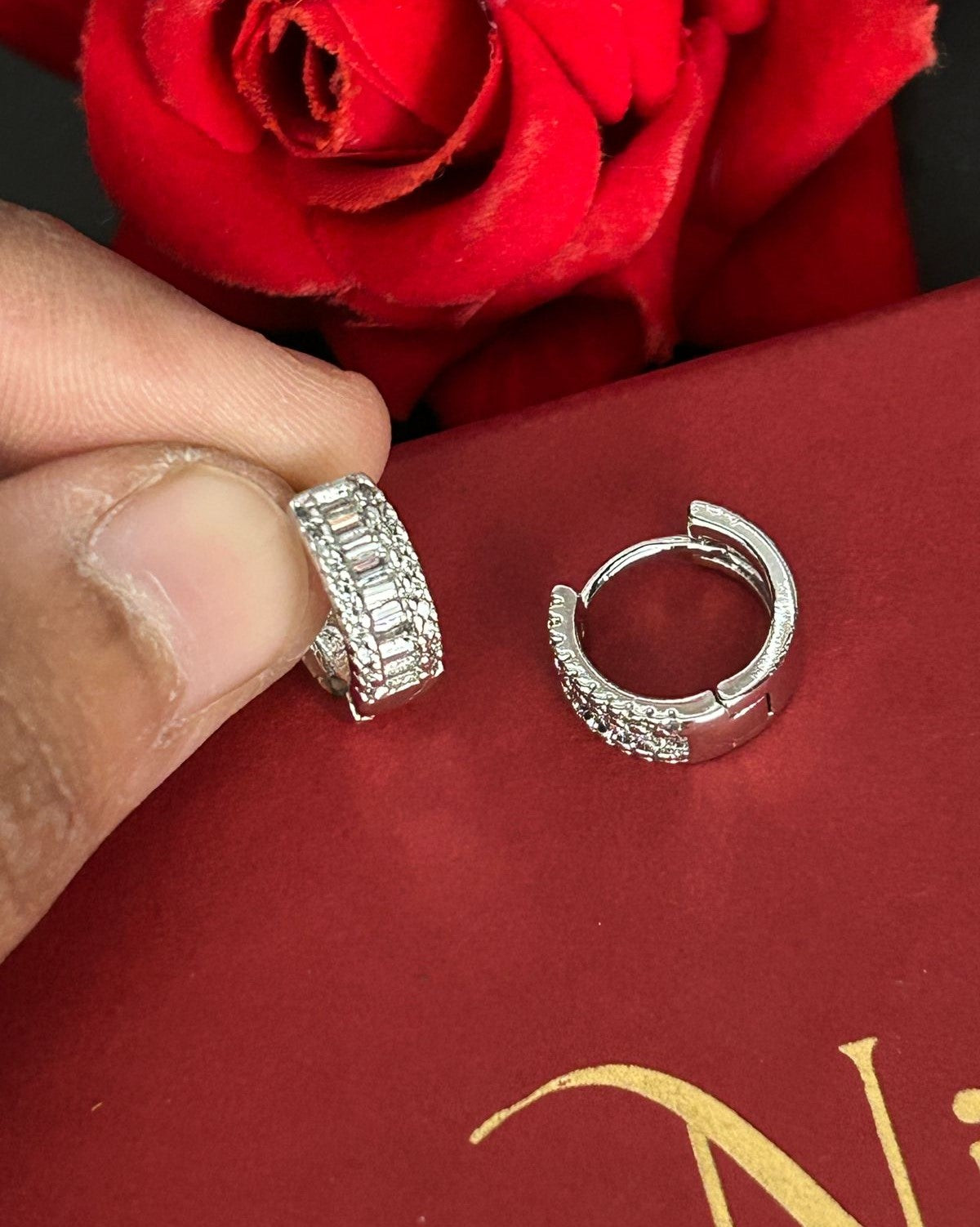 Baguette CZ Diamond Hoop Earrings – Gold & Silver Finish