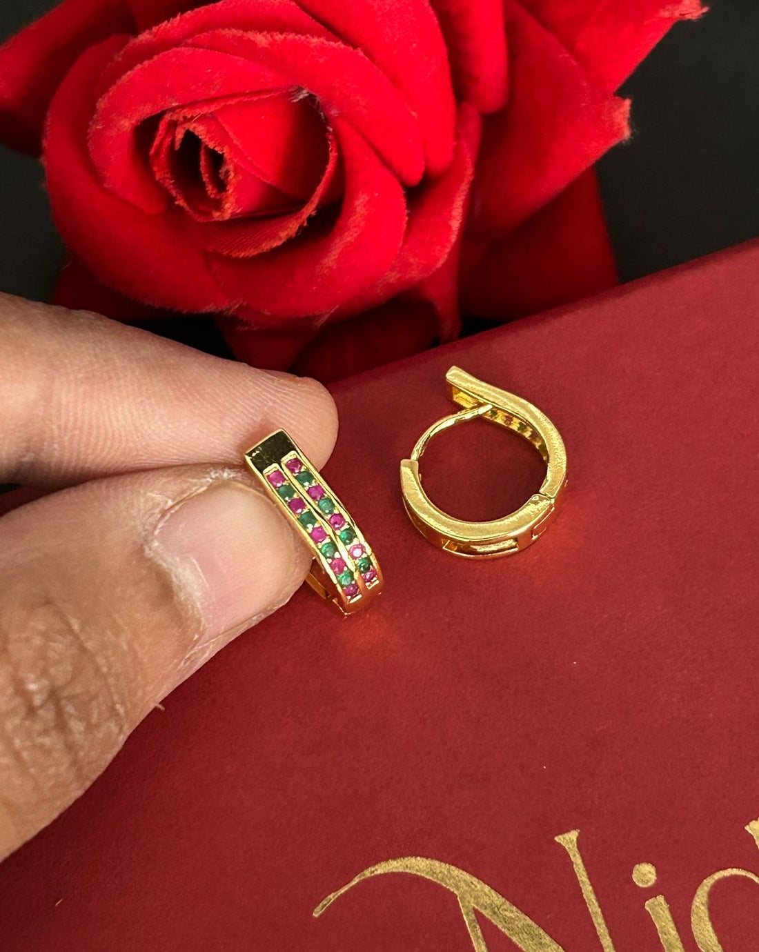 Ruby Emerald Green CZ Hoop Earrings – Gold Finish