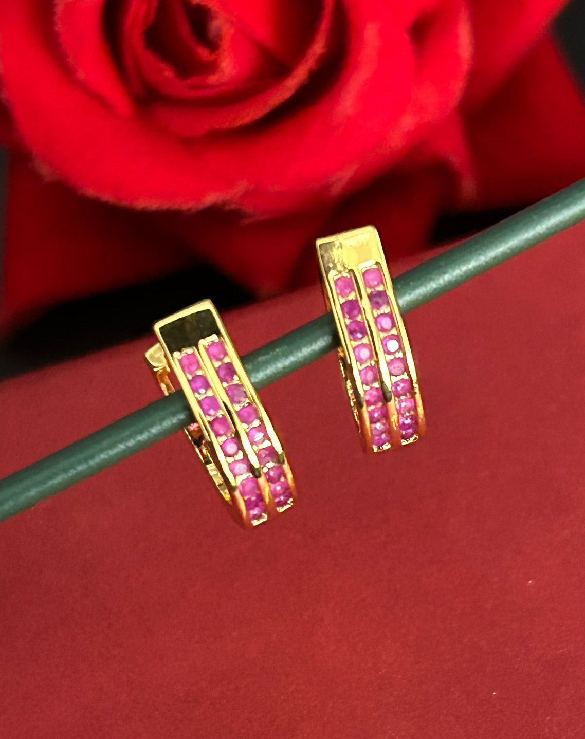 Minimal Ruby CZ Hoop Earrings – Gold Finish