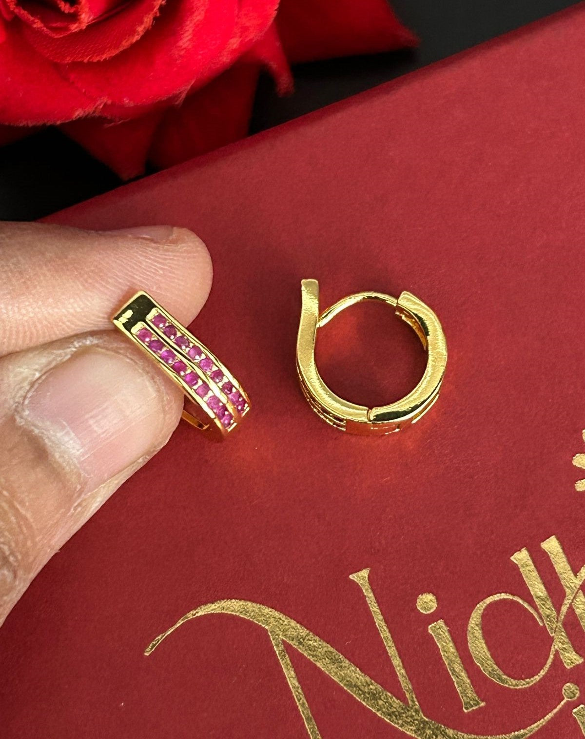 Minimal Ruby CZ Hoop Earrings – Gold Finish
