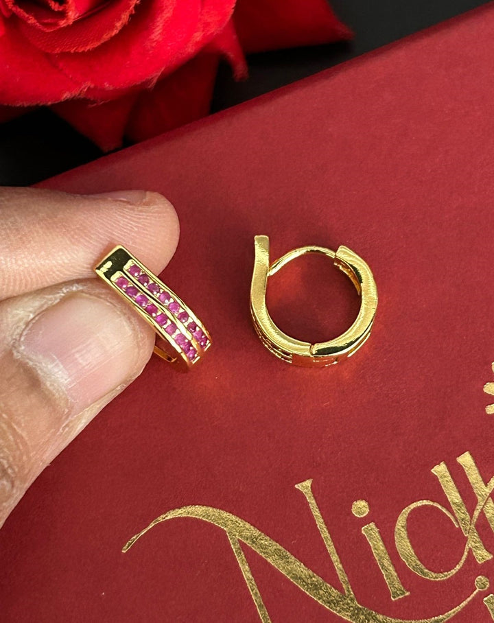 Minimal Ruby CZ Hoop Earrings – Gold Finish