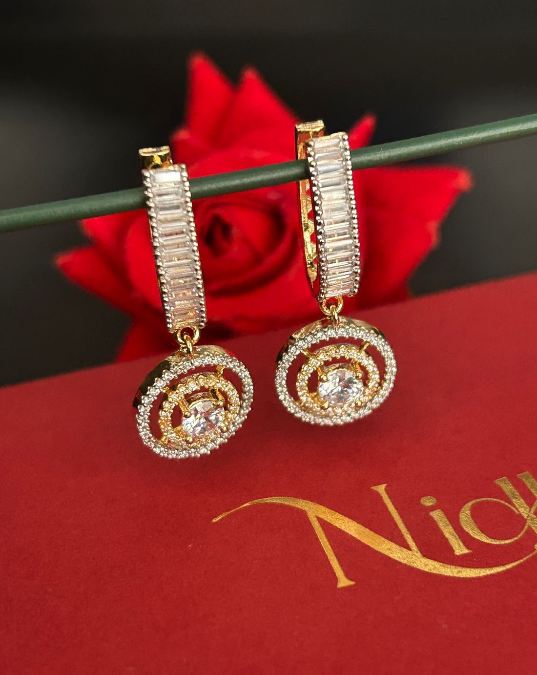 Designer CZ Baguette Drop Earrings – Gold & Silver Finish