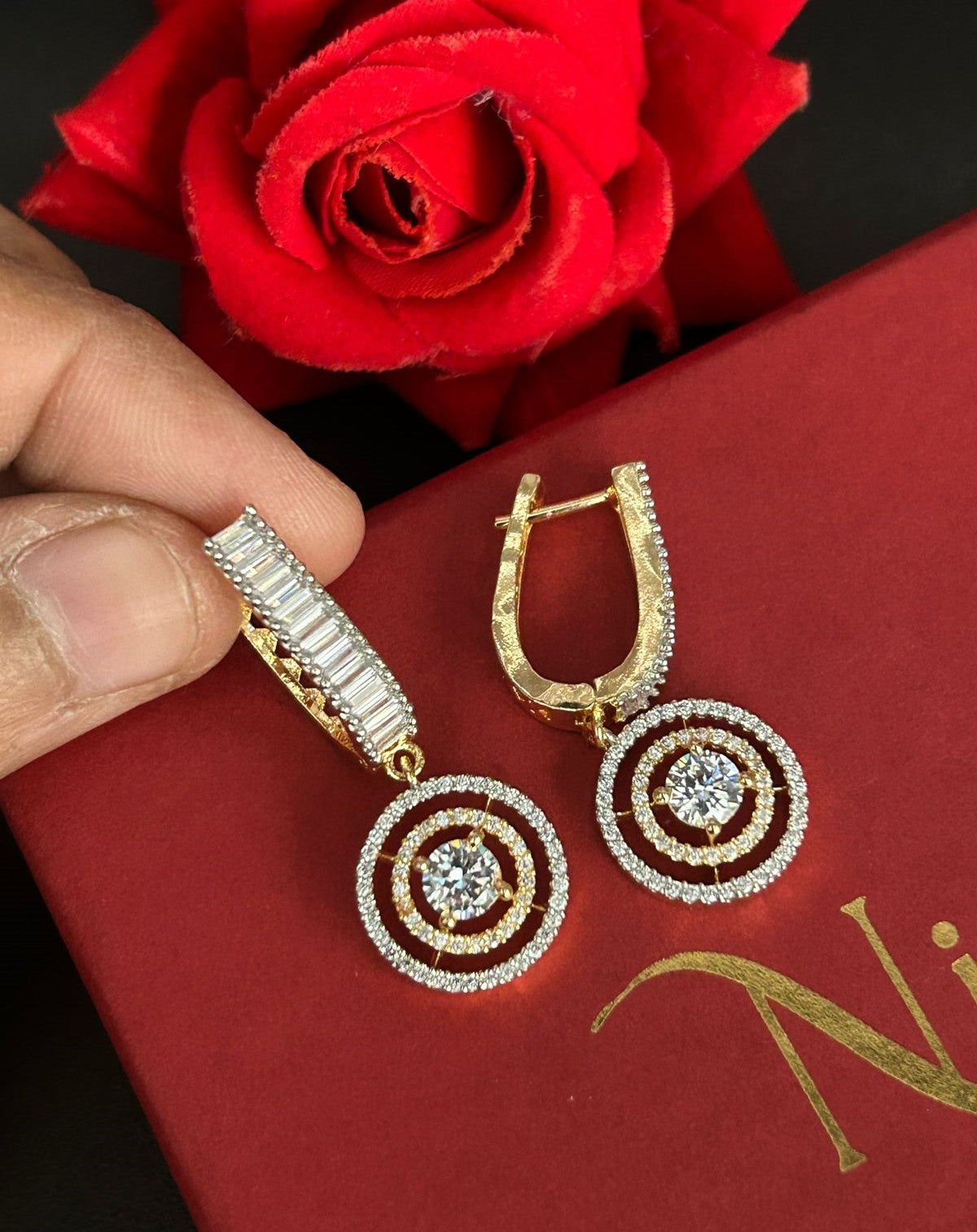 Designer CZ Baguette Drop Earrings – Gold & Silver Finish