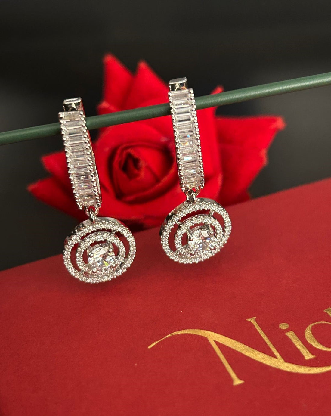 Designer CZ Baguette Drop Earrings – Gold & Silver Finish
