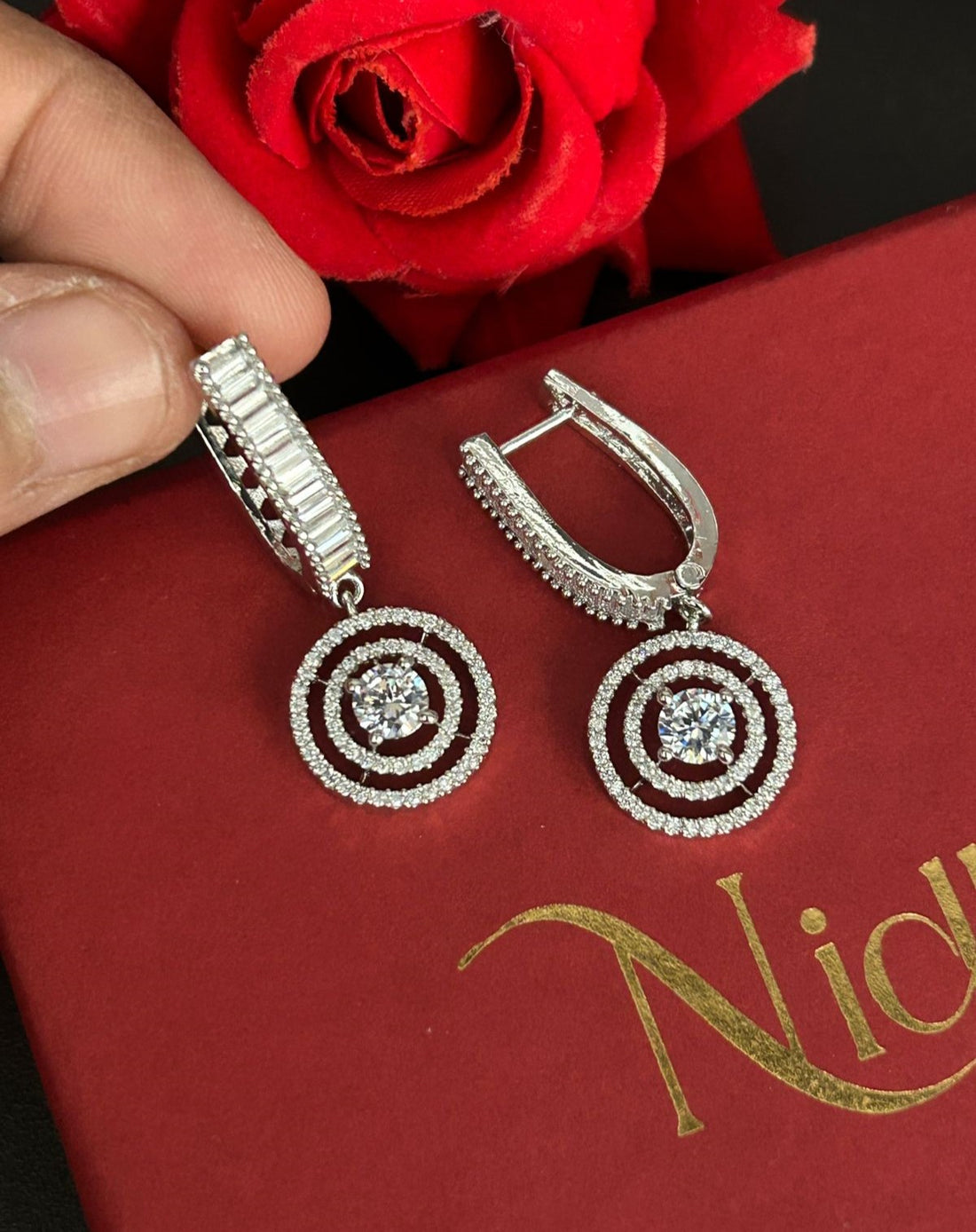 Designer CZ Baguette Drop Earrings – Gold & Silver Finish