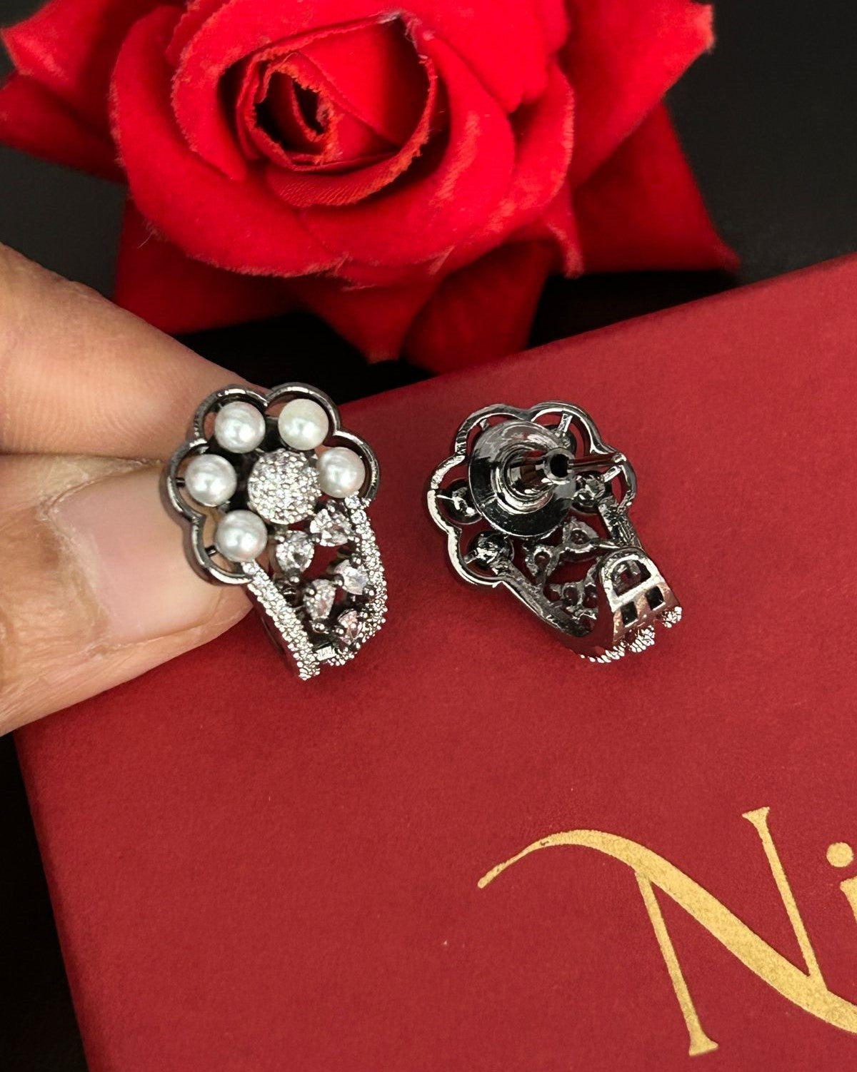Designer Pearl & CZ Jhumka Stud Earrings – Gold & Oxidised Black Polish