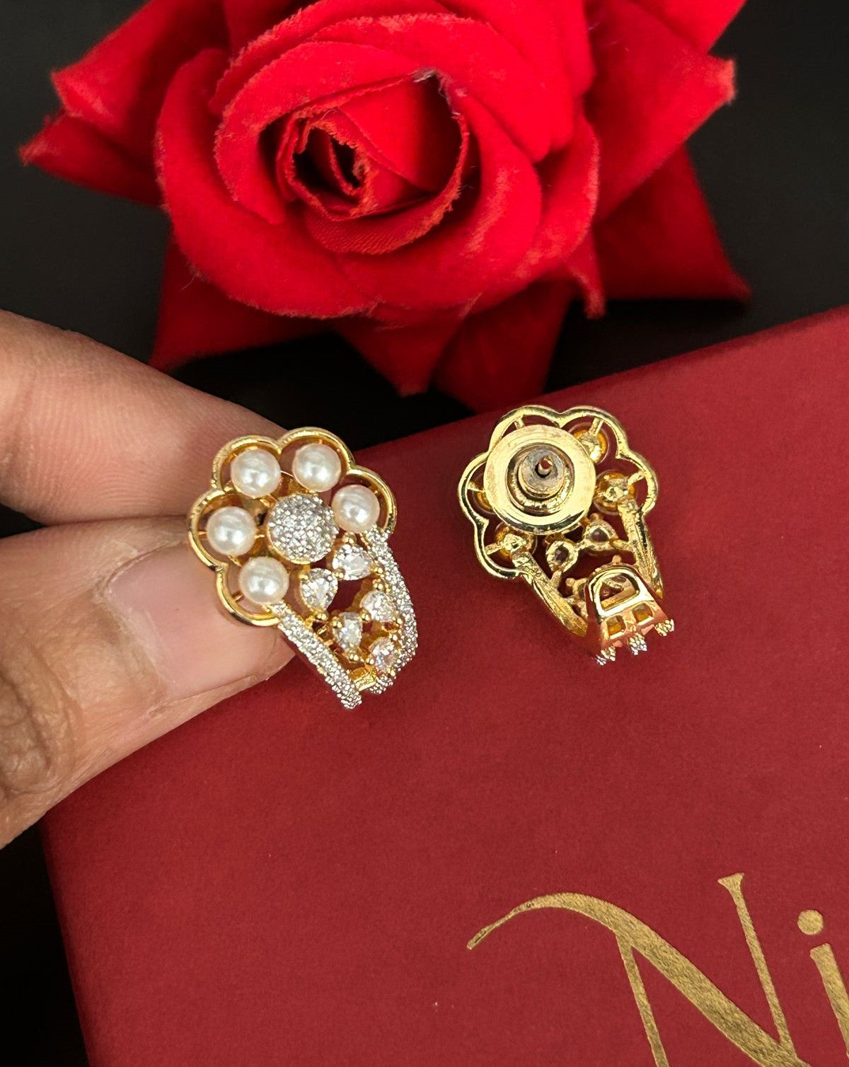 Designer Pearl & CZ Jhumka Stud Earrings – Gold & Oxidised Black Polish