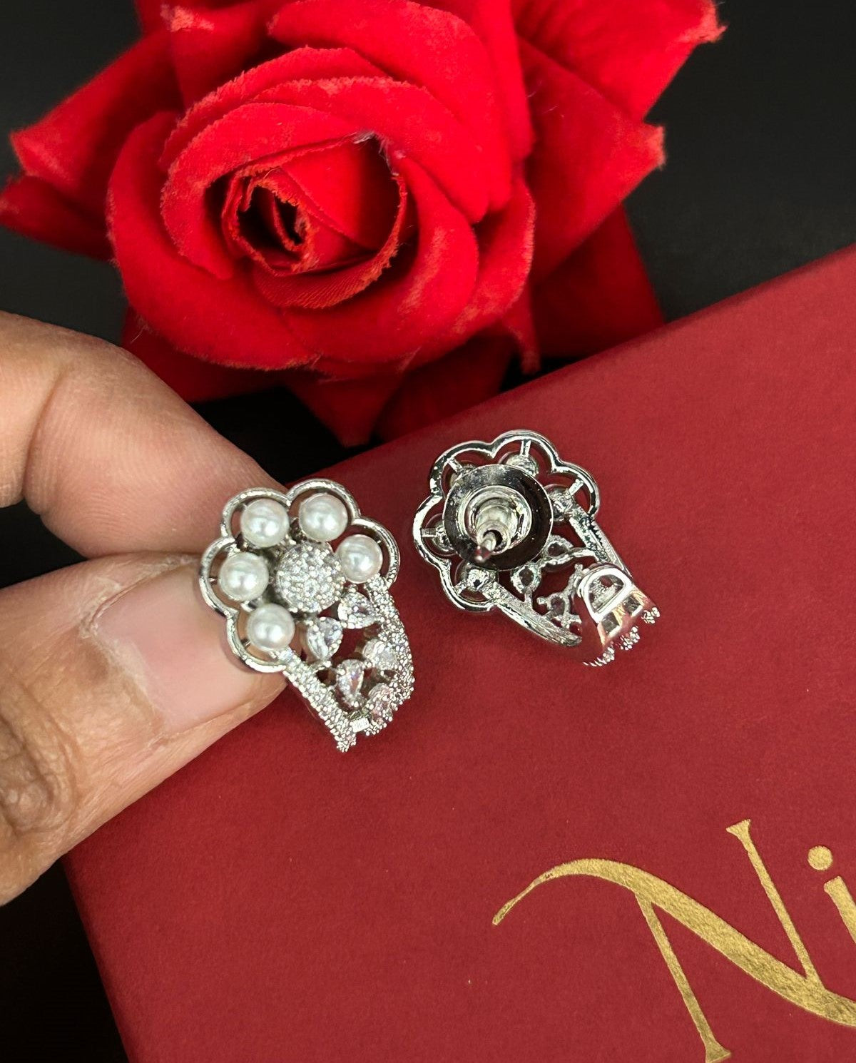 Designer Pearl & CZ Jhumka Stud Earrings – Gold & Oxidised Black Polish